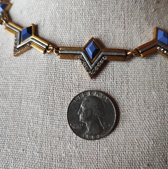J. Crew Art Deco Revival Oxidized Brass Blue Tone Stone Statement Necklace EUC - Picture 5 of 8
